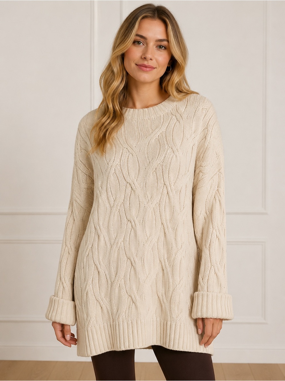 Cream Cable Knit Tunic Sweater | Size Large | Cozy Cotton Knit